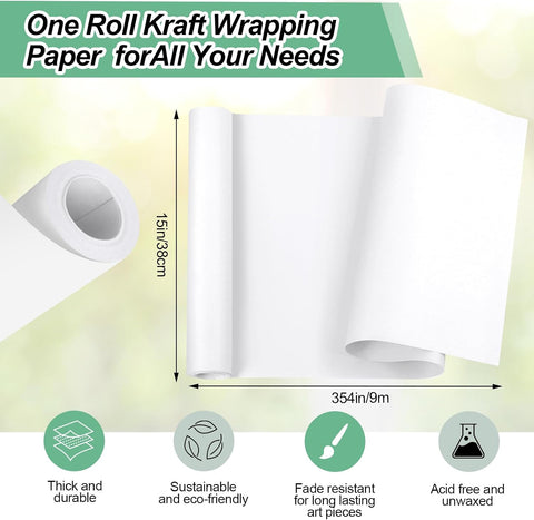 Phinus Craft Paper Roll 15''×354'', Industrial-Grade Kraft Paper Roll, White Easel Paper Roll for Kids for Moving, Gift Wrapping, Wall Art, Tab