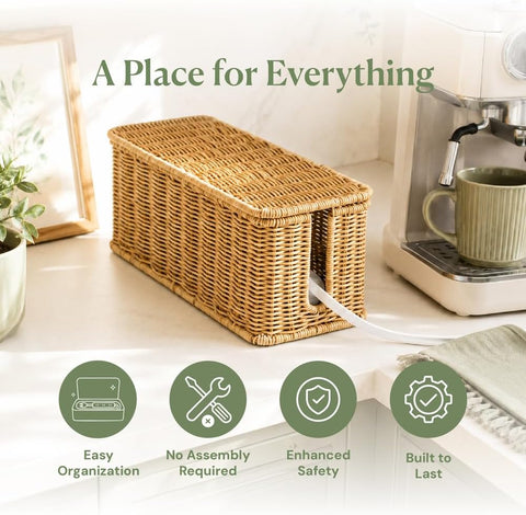 Cable Management Box, Handmade Rattan Cord Organizer for Power Strip