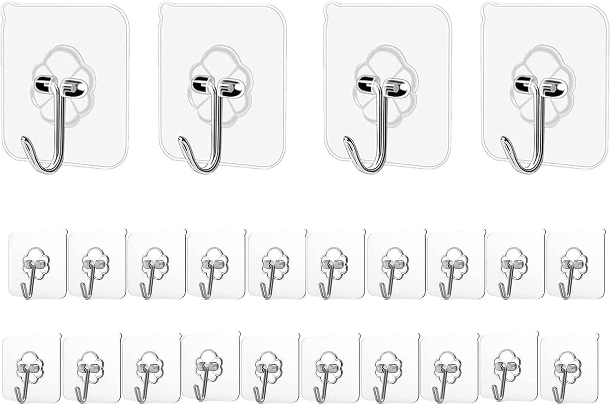 Adhesive Hooks Kitchen Wall Hooks - 24 Packs Heavy Duty 24lb(Max) Nail Free Transparent,Waterproof,Sticky Stainless Hangers for Keys,Bathroom, Shower, Outdoor, Kitchen,Door,Home Improvement,Utility
