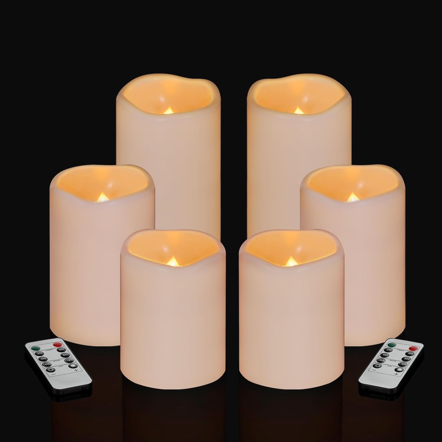 Flameless Candles 4" 5" 6" Outdoor Indoor Pillars Battery Operated Flickering Candles Include 10-Key Remote Timer 400+ Hours by 2 AA Batteries (Ivory Candle - Warm light, 3"D x 4"|5"|6" H - 6 Pack)