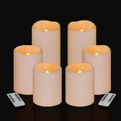 Flameless Candles 4" 5" 6" Outdoor Indoor Pillars Battery Operated Flickering Candles Include 10-Key Remote Timer 400+ Hours by 2 AA Batteries (Ivory Candle - Warm light, 3"D x 4"|5"|6" H - 6 Pack)