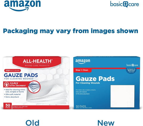 Amazon Basic Care Gauze Pads, 3x3 inches Sterile Medical Wound Dressing Sponges, 12-Ply, Ultra Soft, Extra Absorbent, 50 Count, (Previously All Health) (Pack of 2)