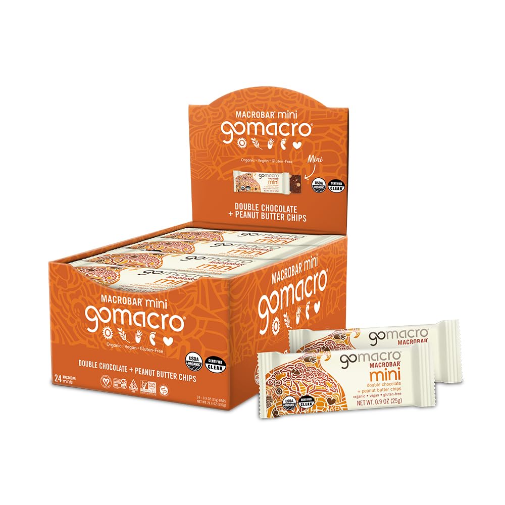 GoMacro MacroBar Mini Organic Vegan Snack Bars - Double Chocolate + Peanut Butter Chips (0.90 Ounce Bars, 24 Count)