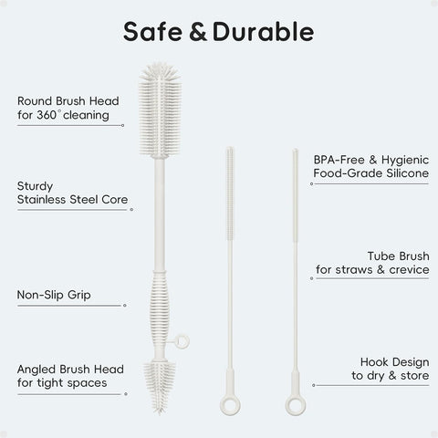 Silicone Cleaning Brush Kit,Water Bottle and Straw Cleaner Brush Set for Tumbler,Baby Bottle,Breast Pump Part,Nipple,Sippy Cup,Glass,Dishwasher Safe,BPA Free,3 Pcs