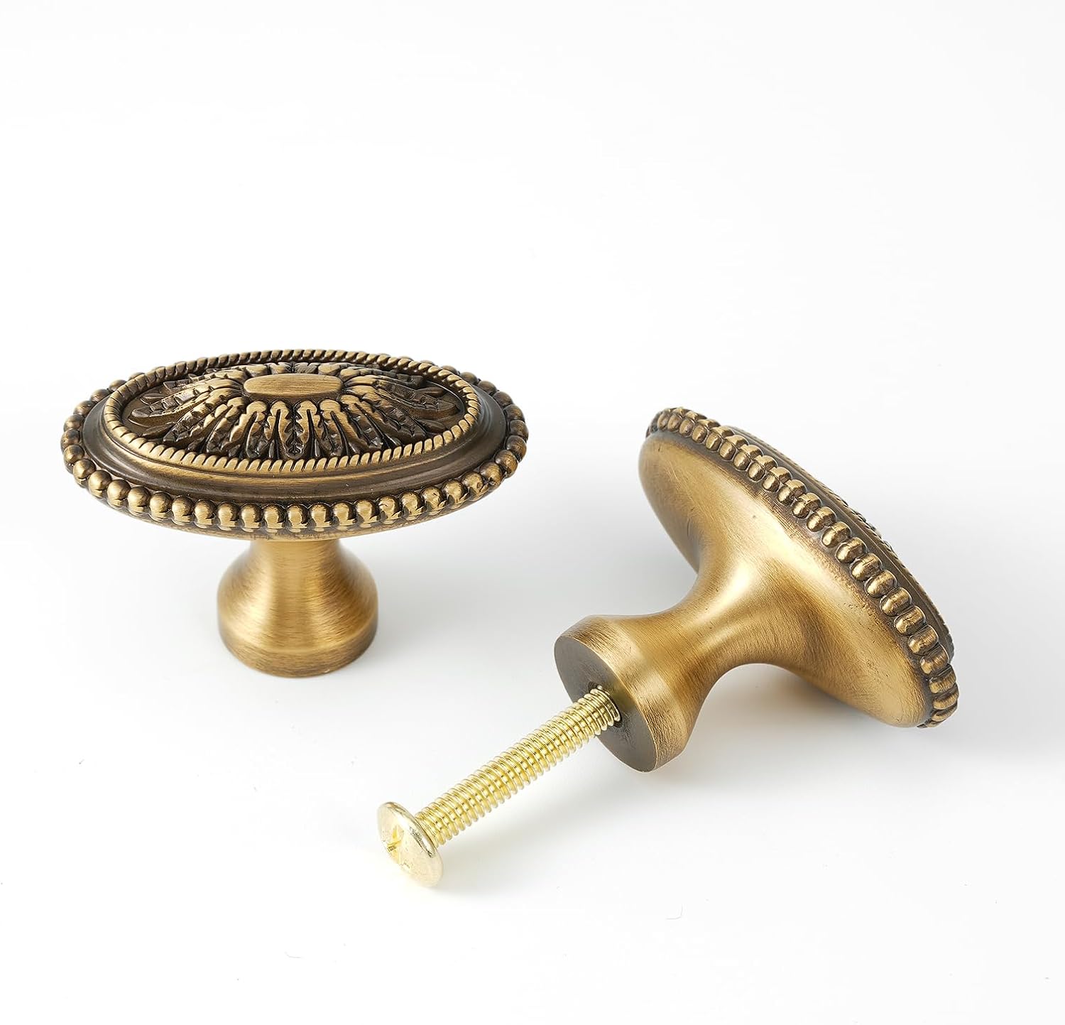 10 Pack Oval Cabinet Knobs Brass Drawer Knobs 1.77" (45mm) Diameter Antique Brass Hardware Handles for Kitchen Cabinet Dresser Cupboard Furniture and Bathroom Fixture