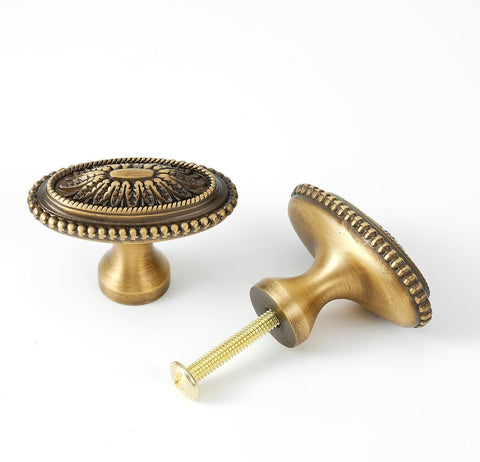 10 Pack Oval Cabinet Knobs Brass Drawer Knobs 1.77" (45mm) Diameter Antique Brass Hardware Handles for Kitchen Cabinet Dresser Cupboard Furniture and Bathroom Fixture
