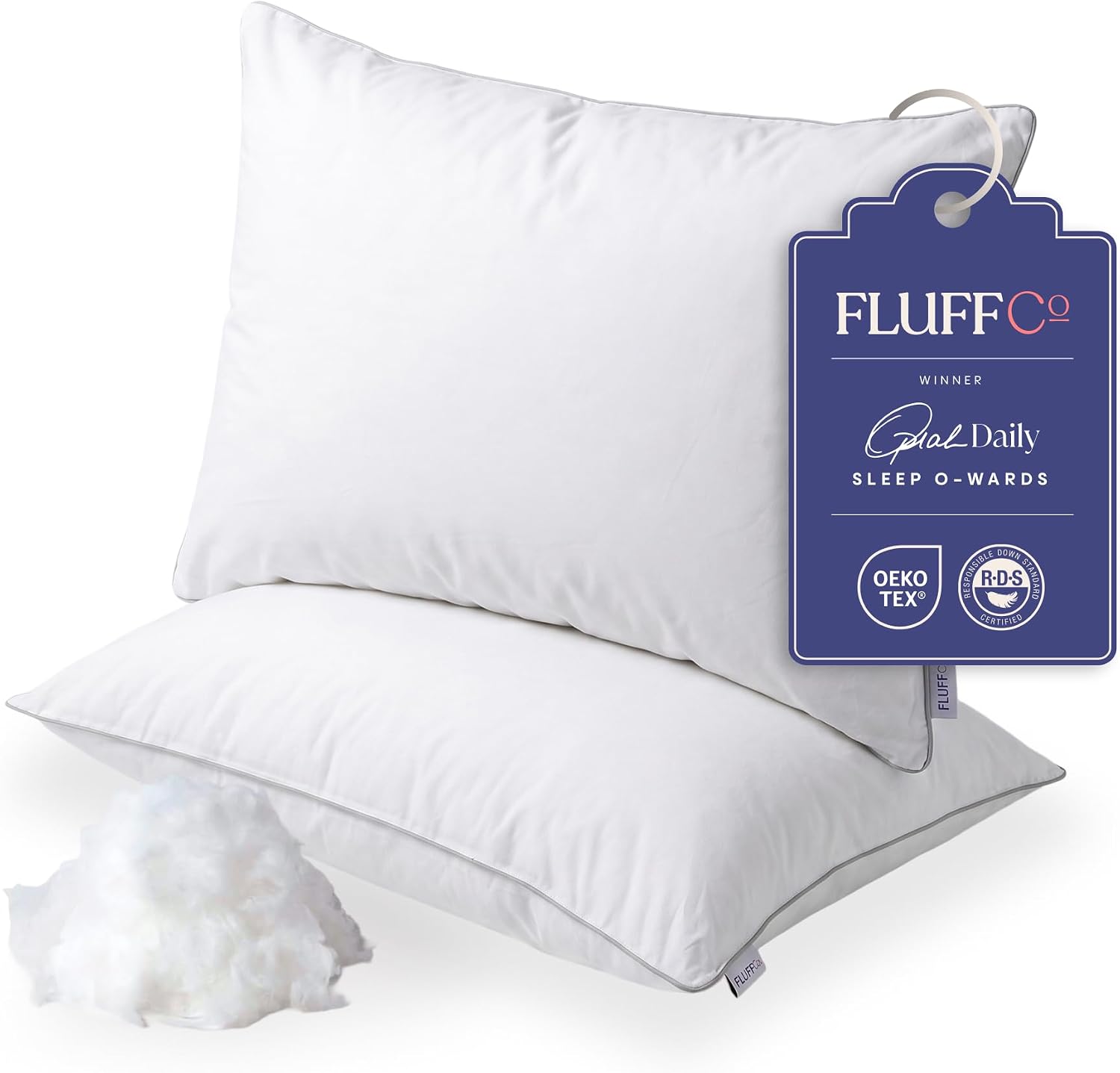 FluffCo Down Alternative Bed Pillows - Standard/Queen Size, Soft (2 Pack)