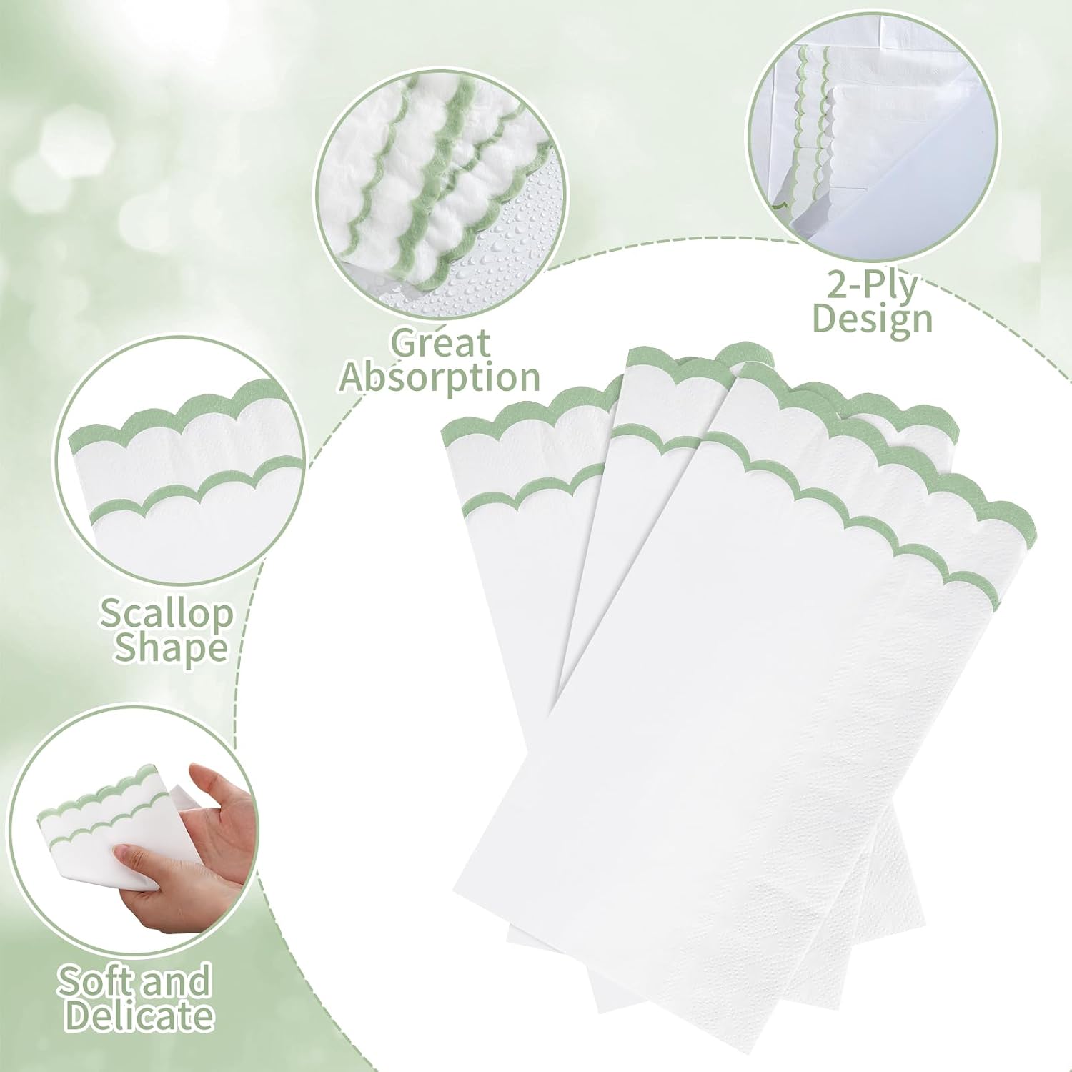 NatNarr 60 Pcs Sage Green and White Napkins, 2 Ply Scalloped Napkins