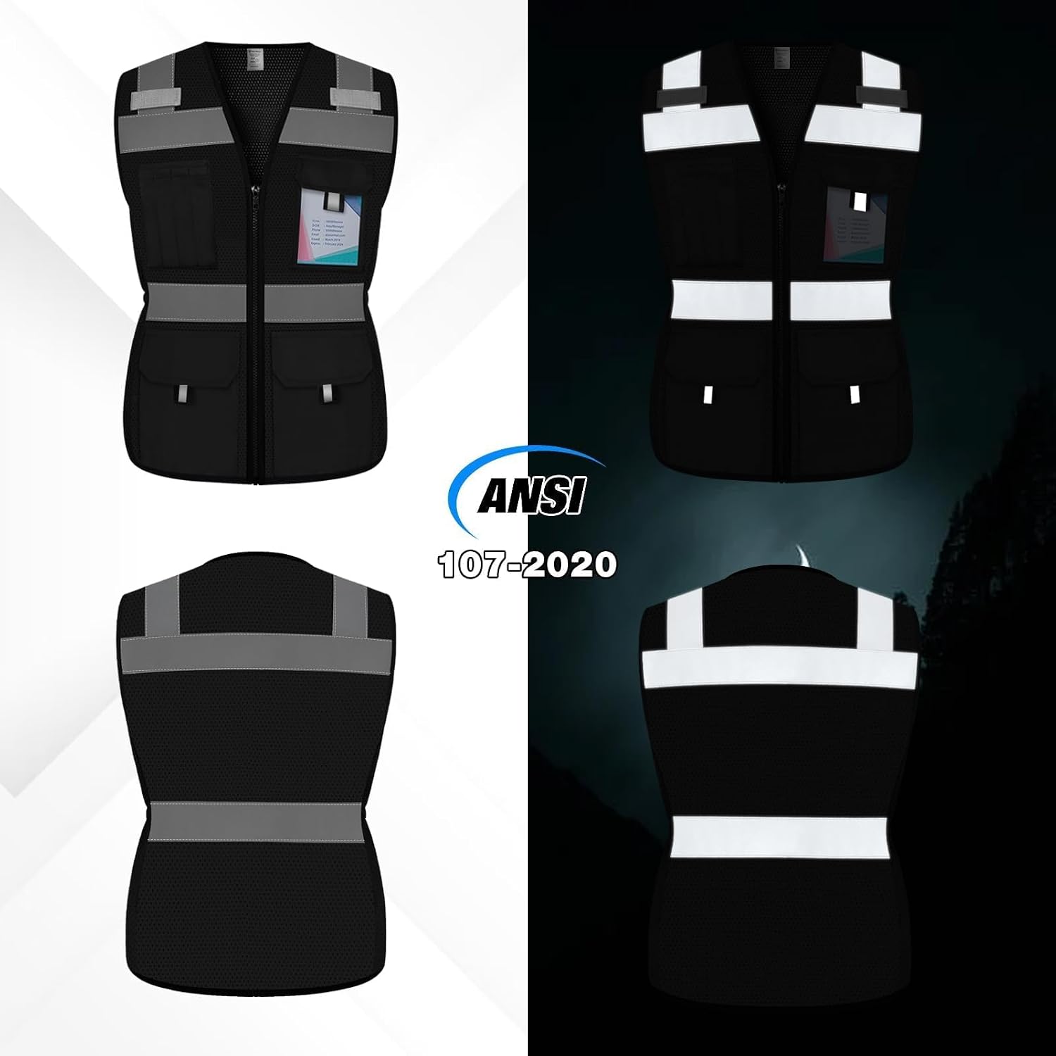Womens Safety Vest with 11 Pockets Hi Vis Mesh Reflective Safety Vest for Women, Lady Neon Construction Work Vest with Zipper, Snug-Fit & Durable, ANSI Compliant, (U-Black, L)