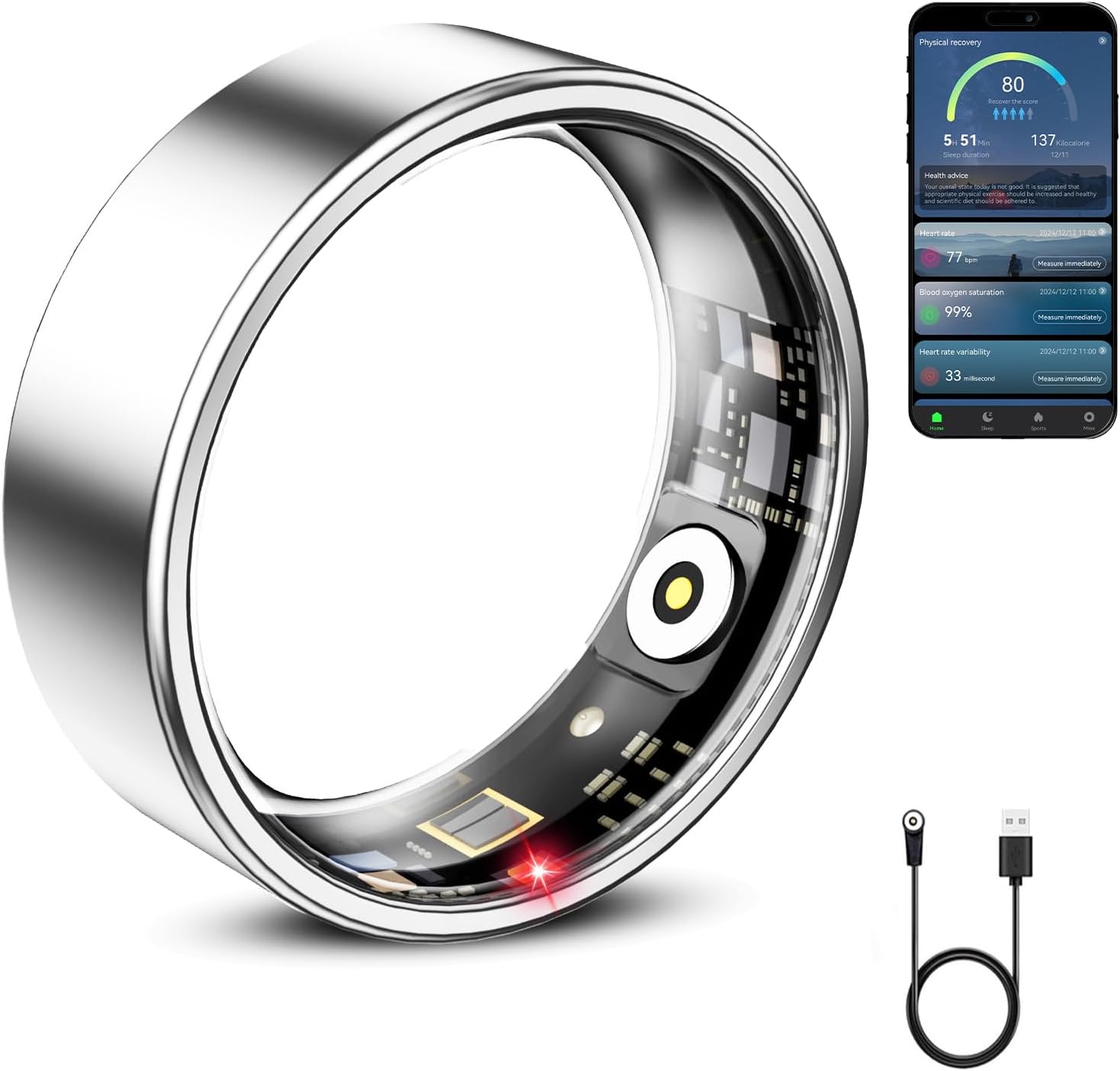 Mirlray Smart Ring for Women & Men, Smart Ring Health Tracker, Blood Oxygen & Heart Rate Monitor, Long Lasting Battery Sleep Ring, Waterproof Fitness Ring (R02C, Silver, 11)