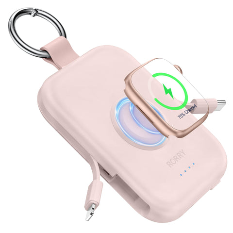 RORRY Portable Charger, 5000mAh Portable Charger Power Bank with Built-in Cables, Travel Keychain Battery Pack for Apple Watch Ultra 2/9/8/Ultra/7/6/SE/5, iPhone 16/15/14/13/12, Pink