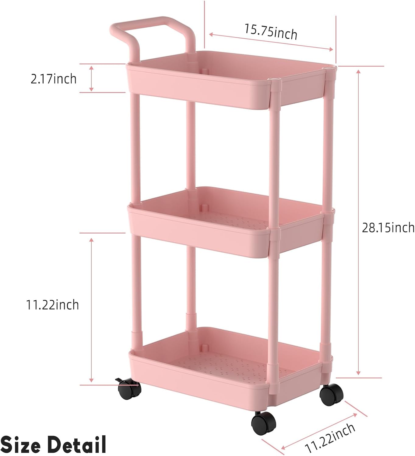Volnamal Diaper Caddy, 3 Tier Rolling Cart for Baby Essentials, Pink