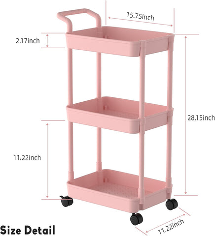 Volnamal Diaper Caddy, 3 Tier Rolling Cart for Baby Essentials, Pink