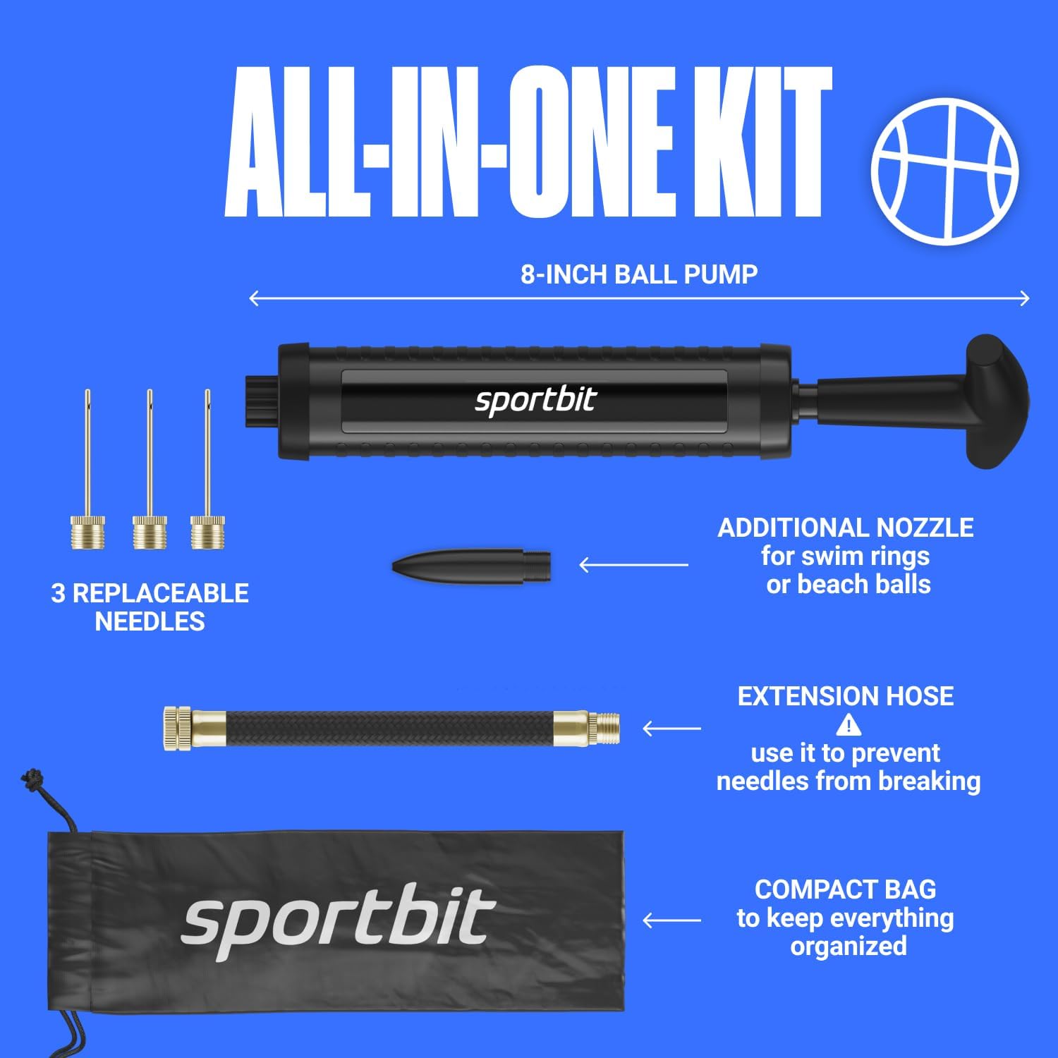 Push & Pull Inflating System, Hand Pump for Basketball, Volleyball, Soccer & Football, Court & Gym Ready
