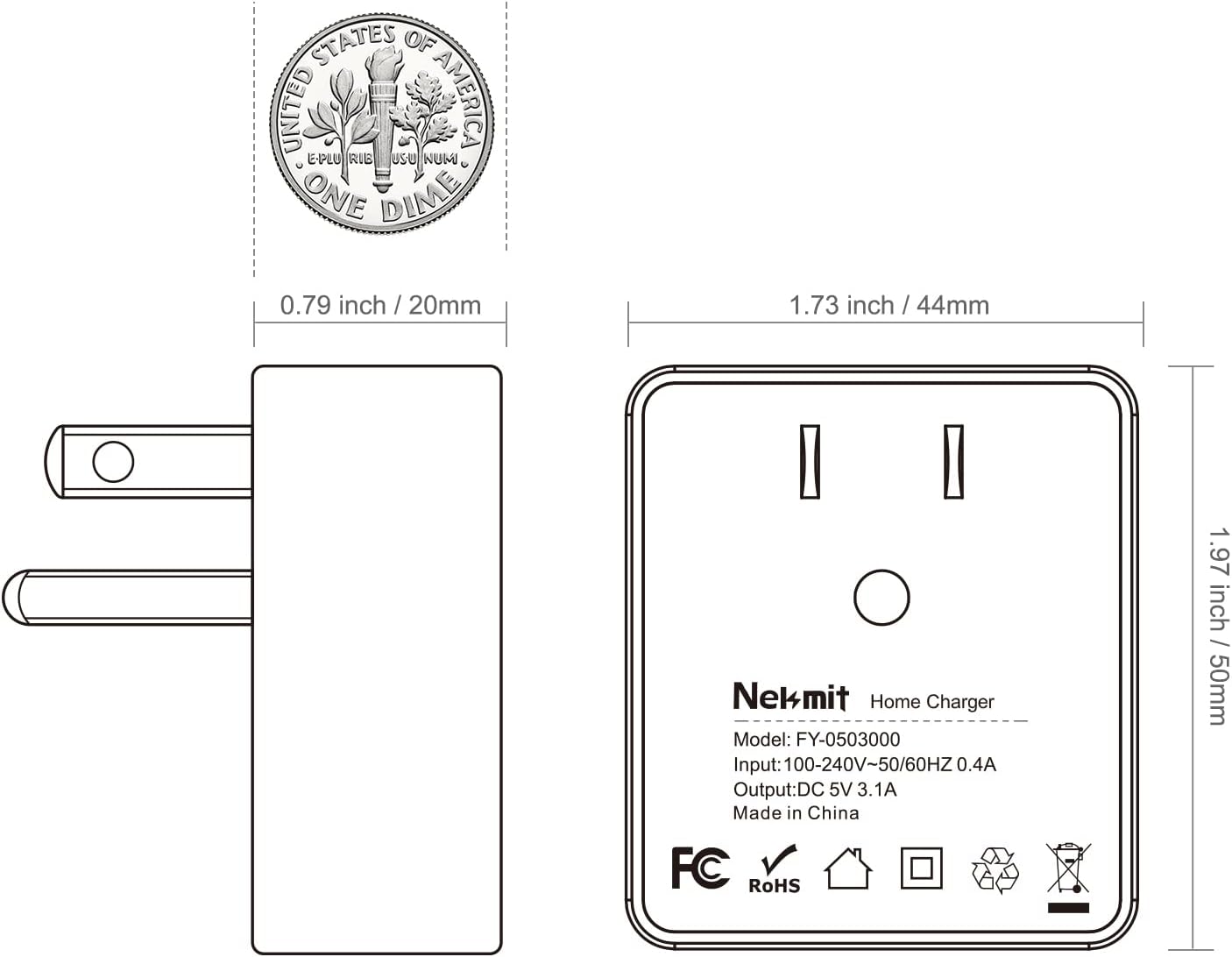 Nekmit Dual Port Ultra Thin Flat USB Wall Charger with Smart IC, Black