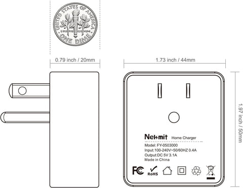 Nekmit Dual Port Ultra Thin Flat USB Wall Charger with Smart IC, Black