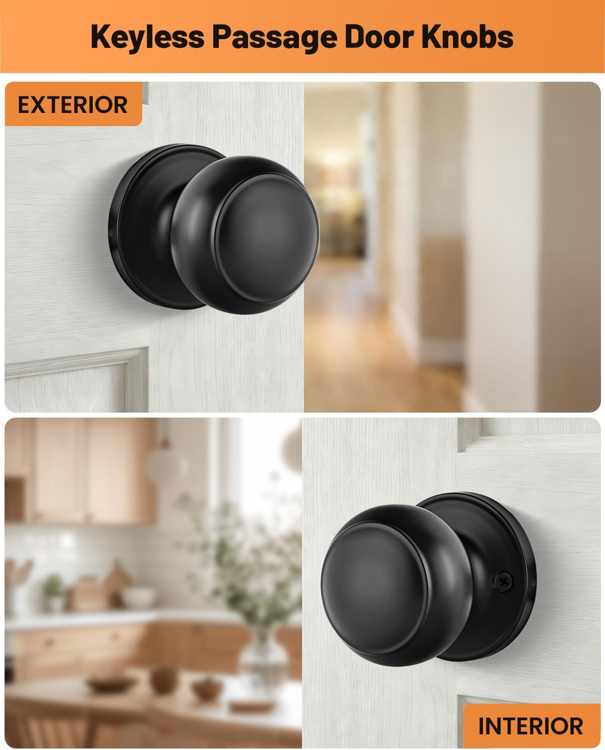 Black Door Knobs, 8 Pack Passage Door Knobs Interior