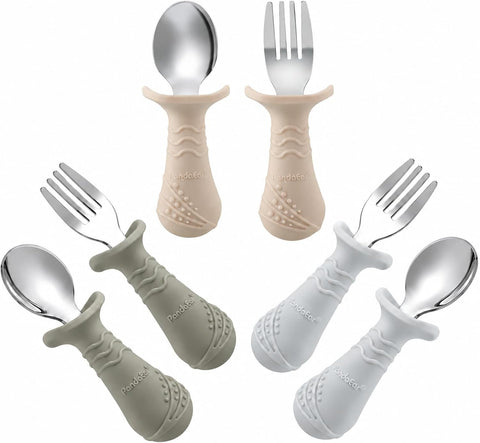 PandaEar Baby Toddler Fork and Spoon Utensil Set, 6 Pack Silicone Stainless Steel Silverware Spoon Fork for Babies Toddler, BPA Free with Silicone Holding Anti-Choke Design (Light Tan&Walnut&Grey)