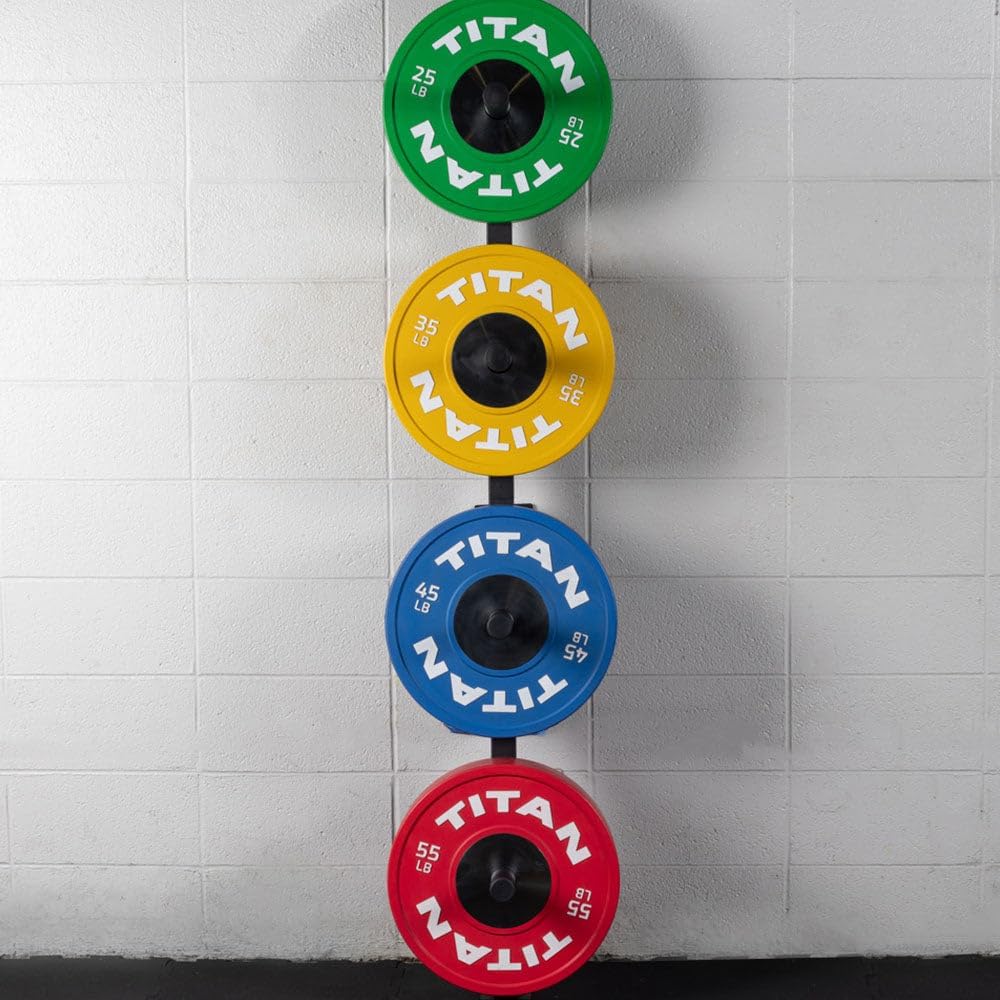 Titan Fitness Weight Plate Wall Mounted Storage Rack, Angled 4-Peg Design, Olympic Sized Weight Plate Organizer, Rated 800 LB, Anchored Wall Mounted Storage