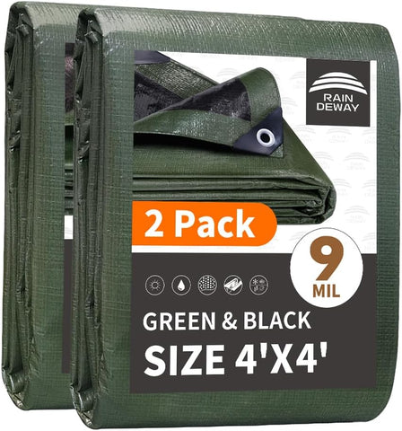 RAINDEWAY Small Tarps 4x4 Feet(2 Pack),9Mil Green/Black Tarp Waterproof