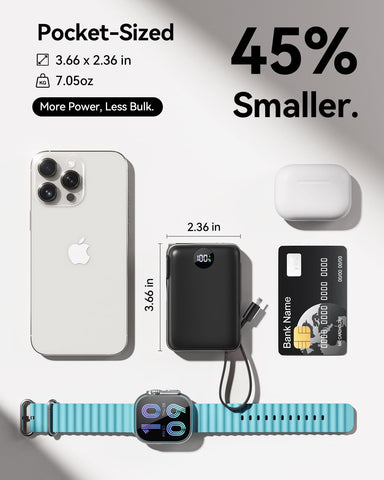 Portable Charger Power Bank 10000mAh, 45% Smaller Built-in Cables & AC Plug