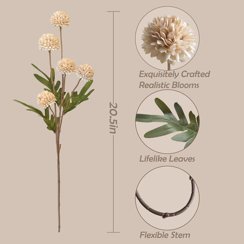 10 Pcs Fake Flowers, Artificial Mums With Long Stems, Beige Faux Pompon Mums Floral Arrangement, Champagne Plastic Flowers Silk Dried Flowers Home Decor, Fall Decorations For Home Vase(No Vase)
