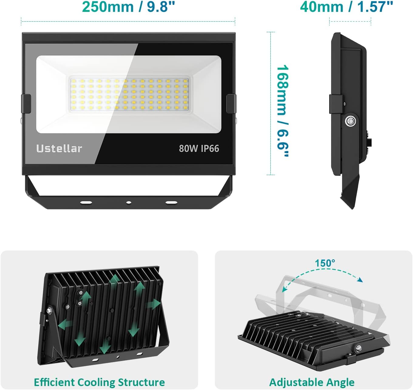 80W LED Flood Lights Outdoor Hardwired Security Light IP66 Waterproof 5000K