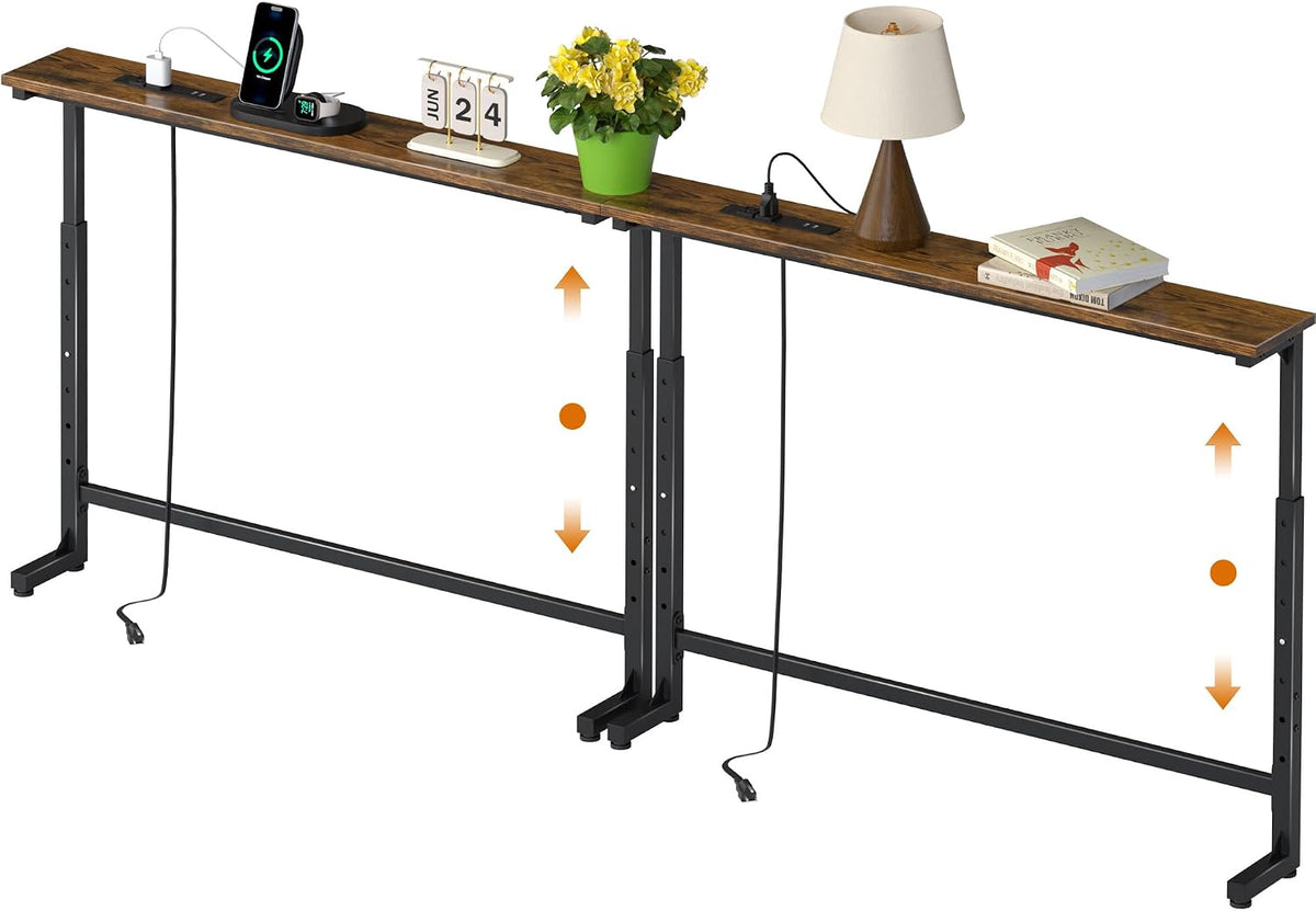 Adjustable Height Narrow Sofa Table with Built-in Power Outlets, 78" Long Console Table Behind Couch Table with Charging Station Skinny Entryway Table for Living Room & Hallway (Rustic Brown)