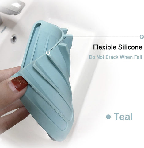 Self Draining Soap Dishes, 3 Pcs Silicone Soap Saver, Waterfall Drainer Soap Holder for Bathroom, Extend Soap Life, Keep Soap Bars Dry Clean & Easy Cleaning (White, Gray, Teal)