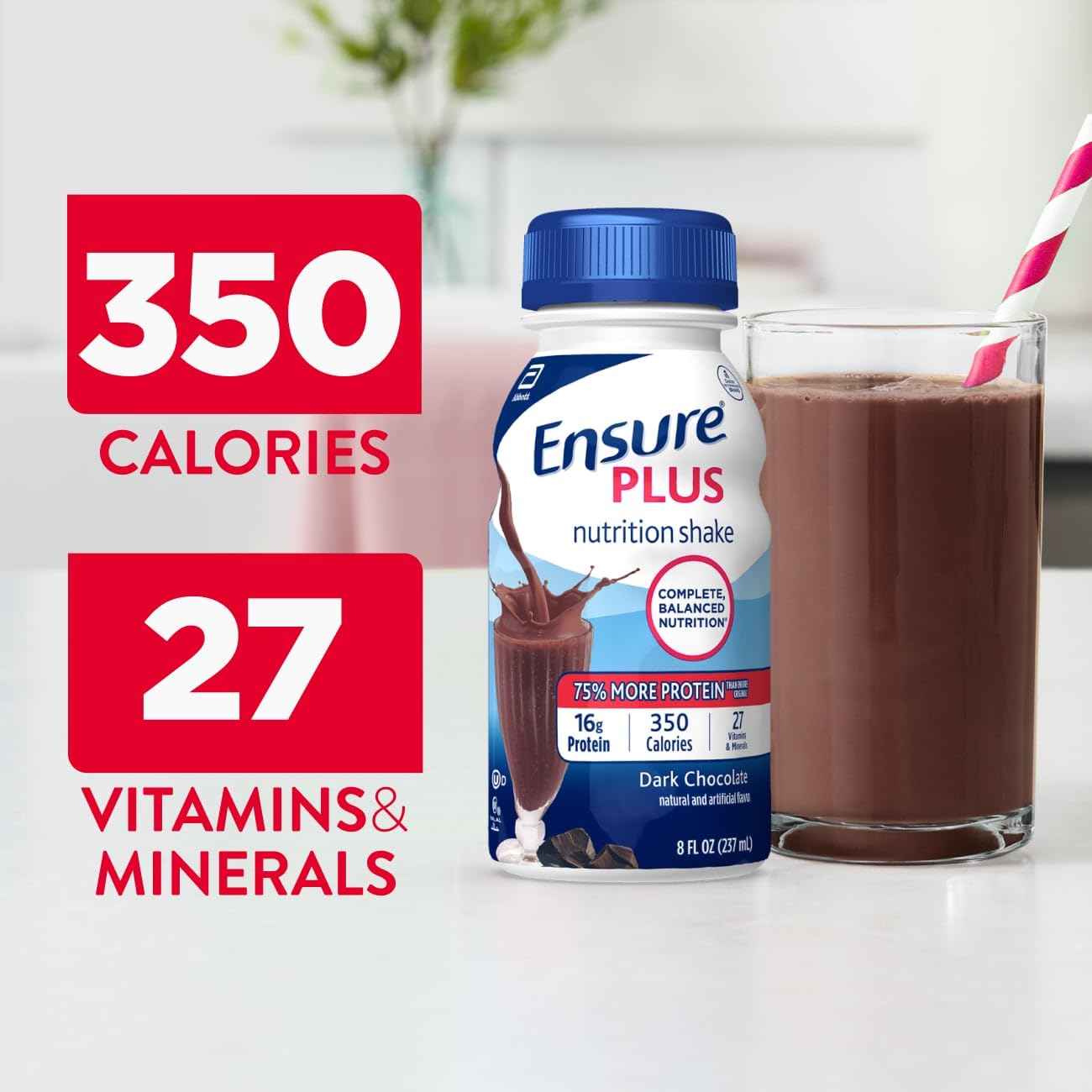 Ensure Plus Dark Chocolate Nutrition Shake, 24 Pack | Meal Replacement Nutritional Drinks with 27 Vitamins & Minerals, 350 Calories, Clinically Proven to Help Adults Gain Weight