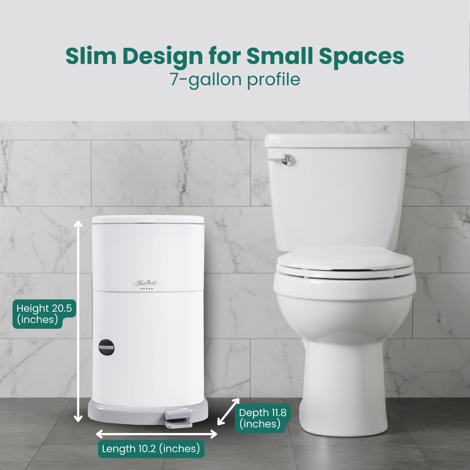 Janibell Akord Slim Adult Diaper Pail — 7-Gallon (11.8” x 10.2” x 20.5”), Hands-Free Foot Pedal, Double-Sealed Odor Reduction, Continuous Liner System