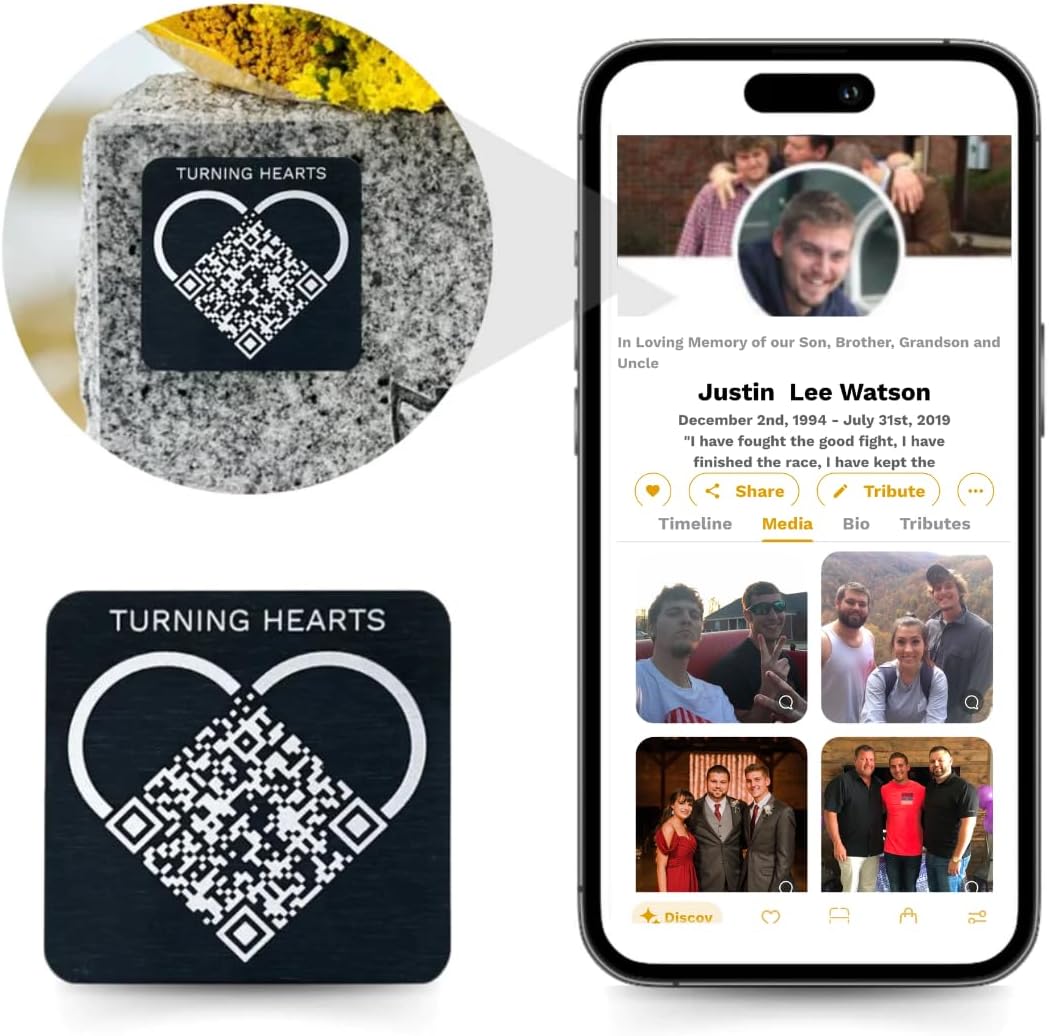 Turning Hearts QR Memorial Medallion – Memorial Website & QR Plaque for Cemetery Headstone Grave Marker, QR Code Links to Personalized Tribute Webpage, Custom Bereavement Gift for Loss of Loved One