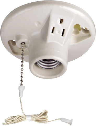 Leviton One-Piece Glazed Porcelain Outlet Box Mount, Incandescent Lampholder, Pull Chain, Top Wired, 9726-C, White