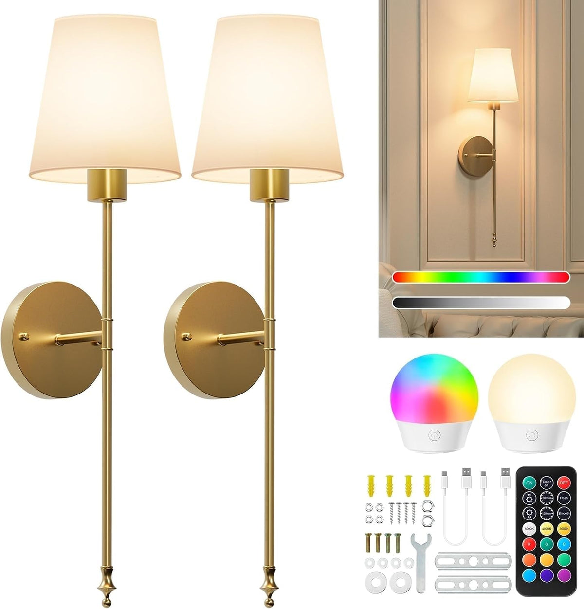 Brightown Battery Operated Wall Sconces Set of Two,Gold Sconces Wall Decor