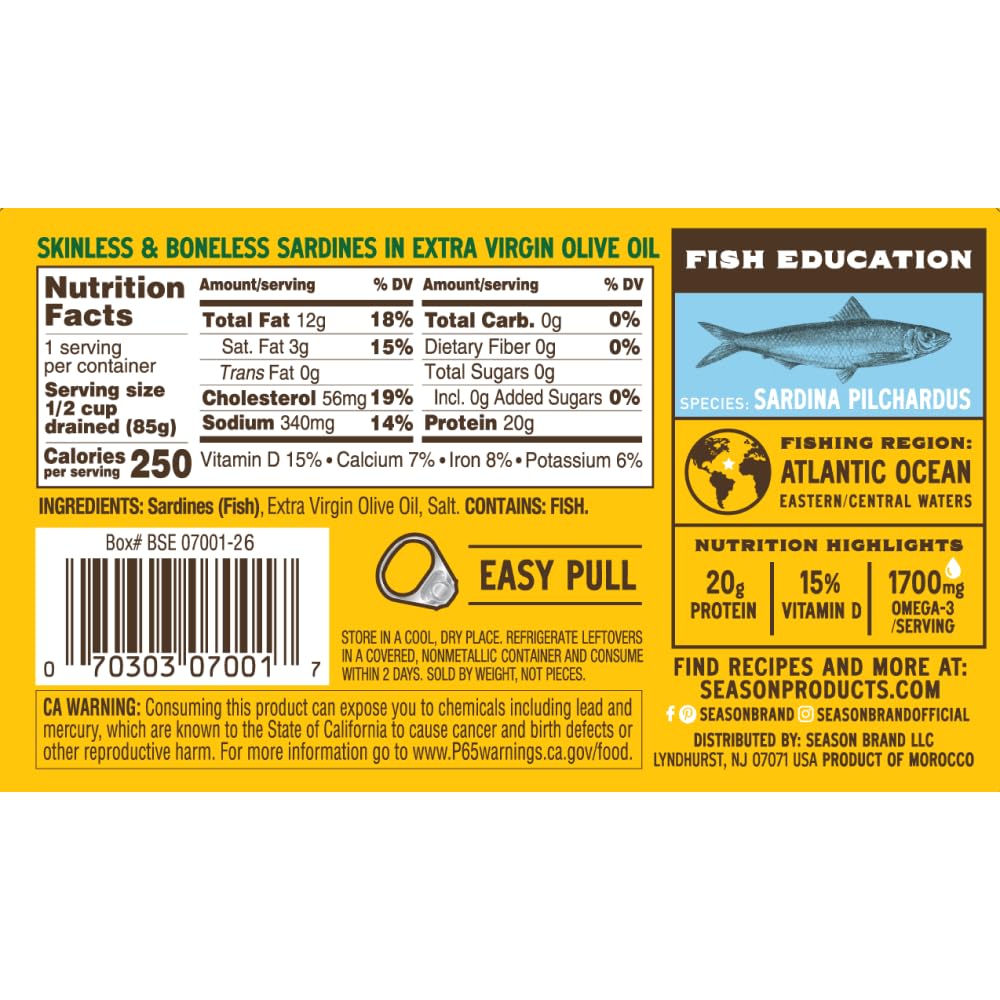 Season Sardine Fillets in Extra Virgin Olive Oil, 4.37 oz, 24-Pack