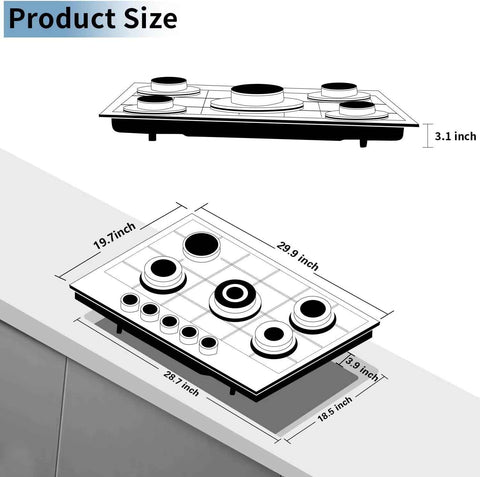 30 Inch Gas Cooktop, 5 Burners Built-in Stovetop, Stainless Steel LPG/NG Convertible Stove, Dual Fuel Sealed Hob - Black