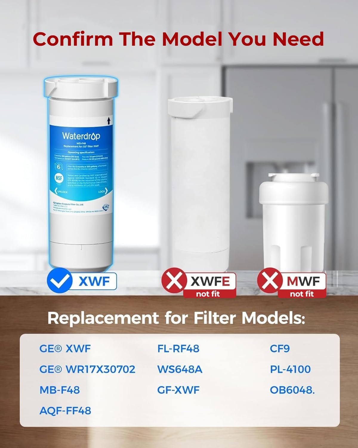 Waterdrop XWF Water Filter Replacement for GE® WR17X30702, 3 Pack, No chip