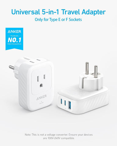 Anker Travel Adapter, European Travel Plug Adapter, US to Europe 15W 2-Pack
