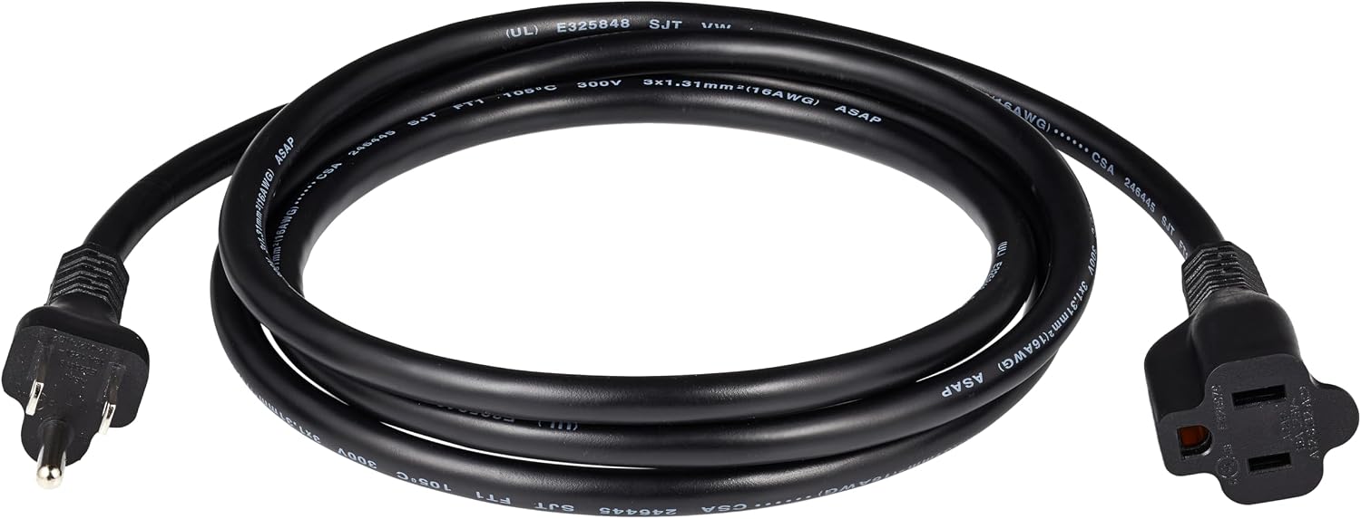 Amazon Basics Extension Cord, 3 Prong Outlet Extender, Indoor Power Cord, 13 Amps, 125V, 6 Ft, Black