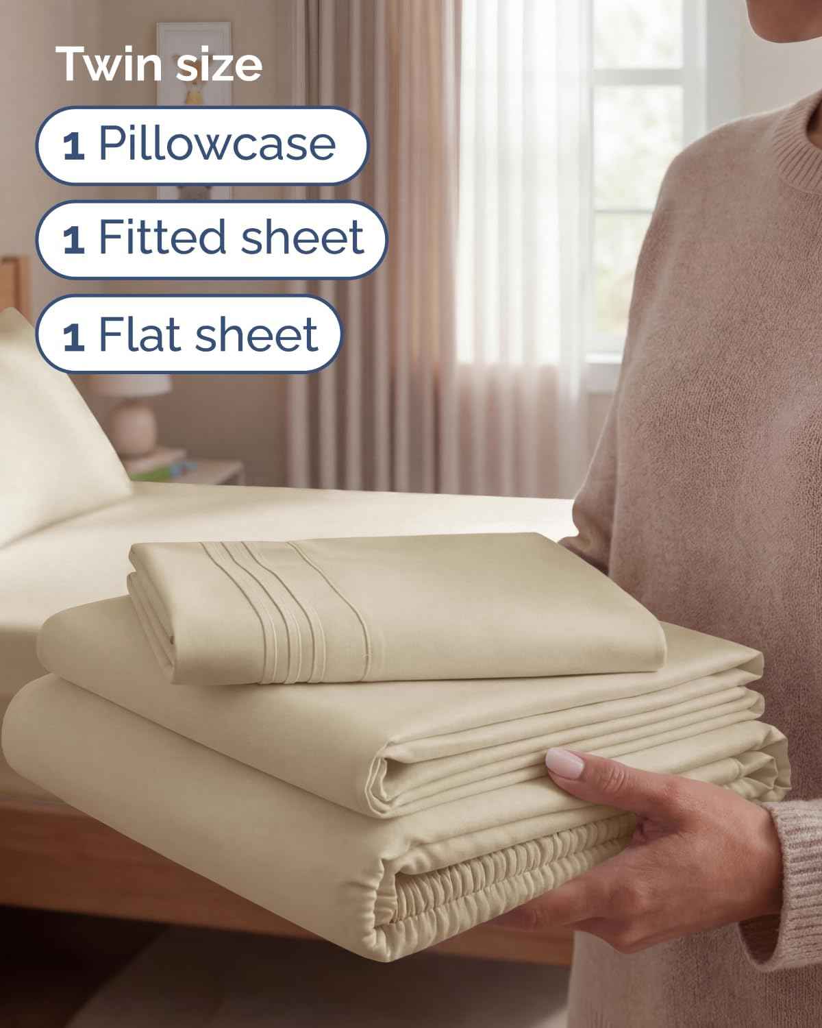 Twin Size 3 Piece Sheet Set - Comfy Breathable & Cooling Sheets - Cream