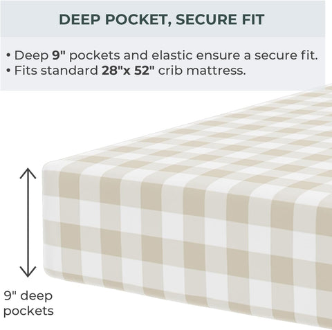 Pobi Baby Crib Sheets for Boys, Soft Cotton Blend, 2-Pack (Gingham Khaki)