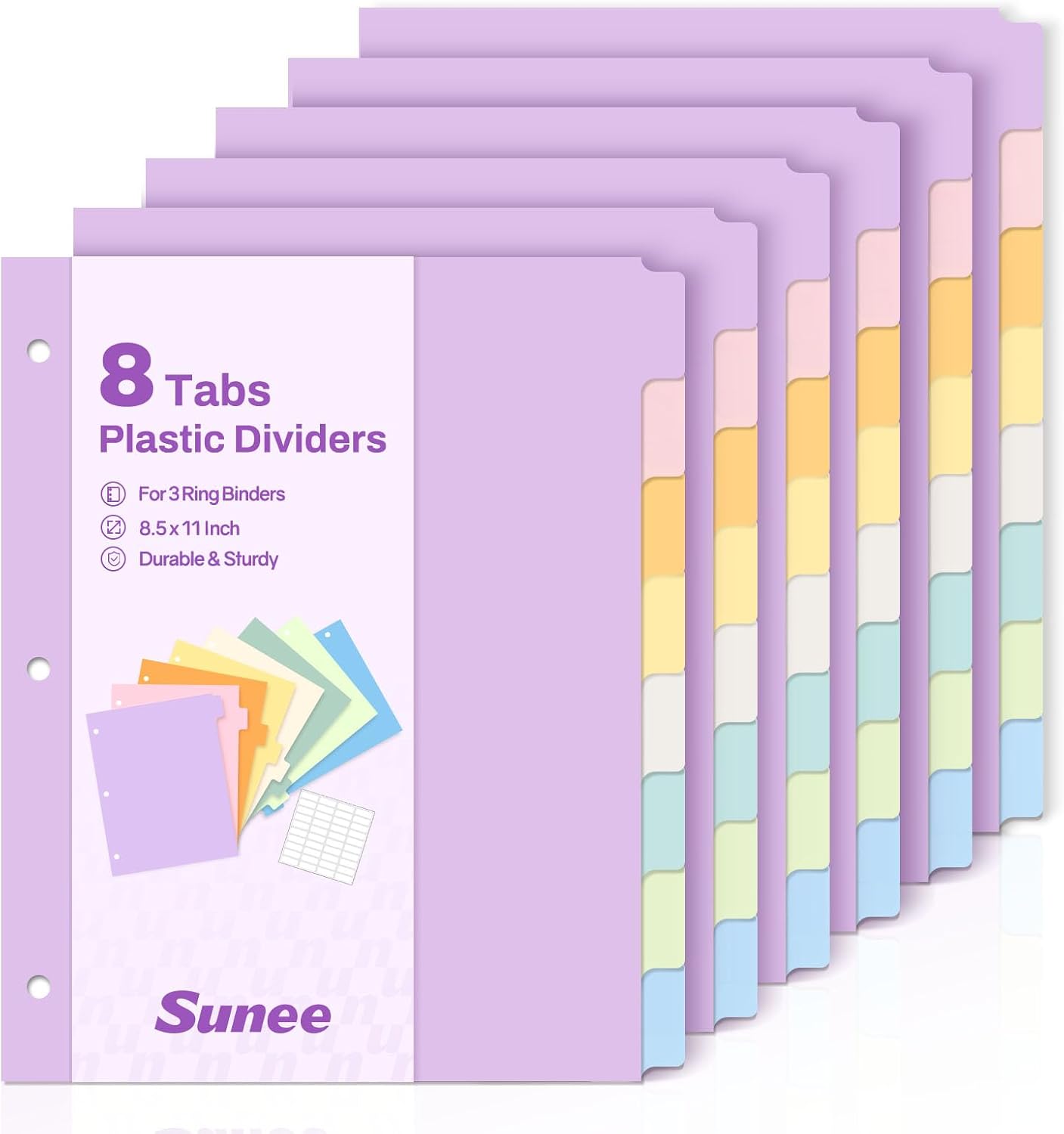 SUNEE 8 Tab Binder Dividers,Plastic Dividers for 3 Ring Binder,3 Ring Binder Dividers with Tabs for School Office Home Supplies,Soft Color, 6 Set