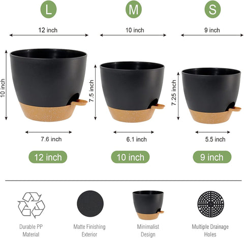 UOUZ Large Self Watering Pots, 12/10/9 Plastic Planters with High Drainage Holes and Deep Reservoir for Indoor Outdoor Garden Plants and Flowers, Black with Brown