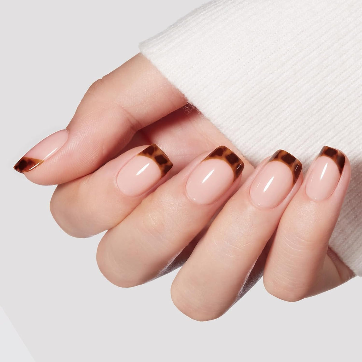 Modelones Fall Leopard French Tip Press on Nails Short Square Fake Nails