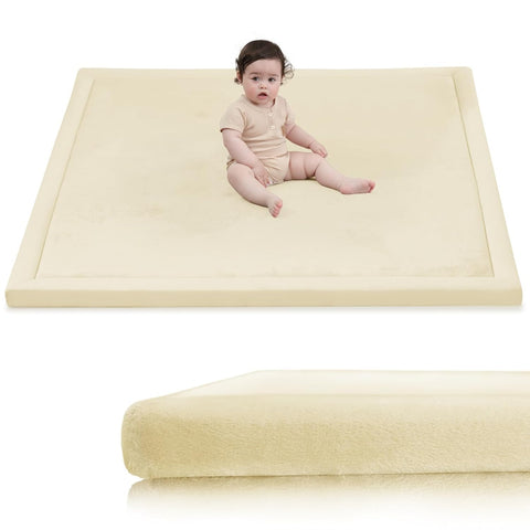 Huloo Sleep Ultra Soft Baby Play Mat for Floor,1.3" Thick Elasti-Foam 47x47 Play Mat for Playpen,Water-Repellent Coral Velvet for Tummy Time, Non-Slip Backing Safe for Toddlers & Infants（Vanilla）