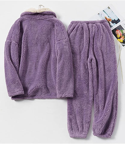 Mens Fluffy Coral Fleece Pajamas Set Pullover Pants Loose Plush Warm Loungewear Sleepwear