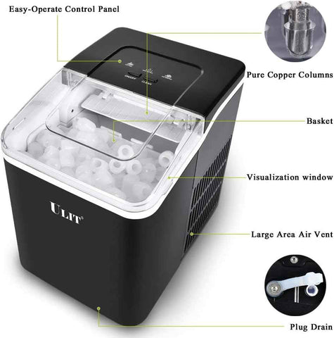 ULIT Portable Ice Maker,Ice Maker Machine for Countertop, Self-Cleaning Function Ice Cube Maker,Make 26 lbs Ice in 24 hrs, 9 Ice Cubes Ready in 8 Minutes,with Ice Scoop and Basket(Black)
