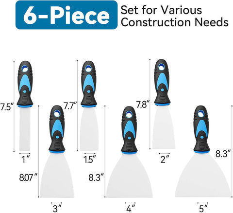 6 Pack Putty Knife Set – Stainless Steel Spackle & Paint Scrapers (1", 1.5", 2", 3", 4", 5") | Flexible Metal Scraper Tools for Drywall Repair, Wallpaper Removal, Plaster & Adhesive