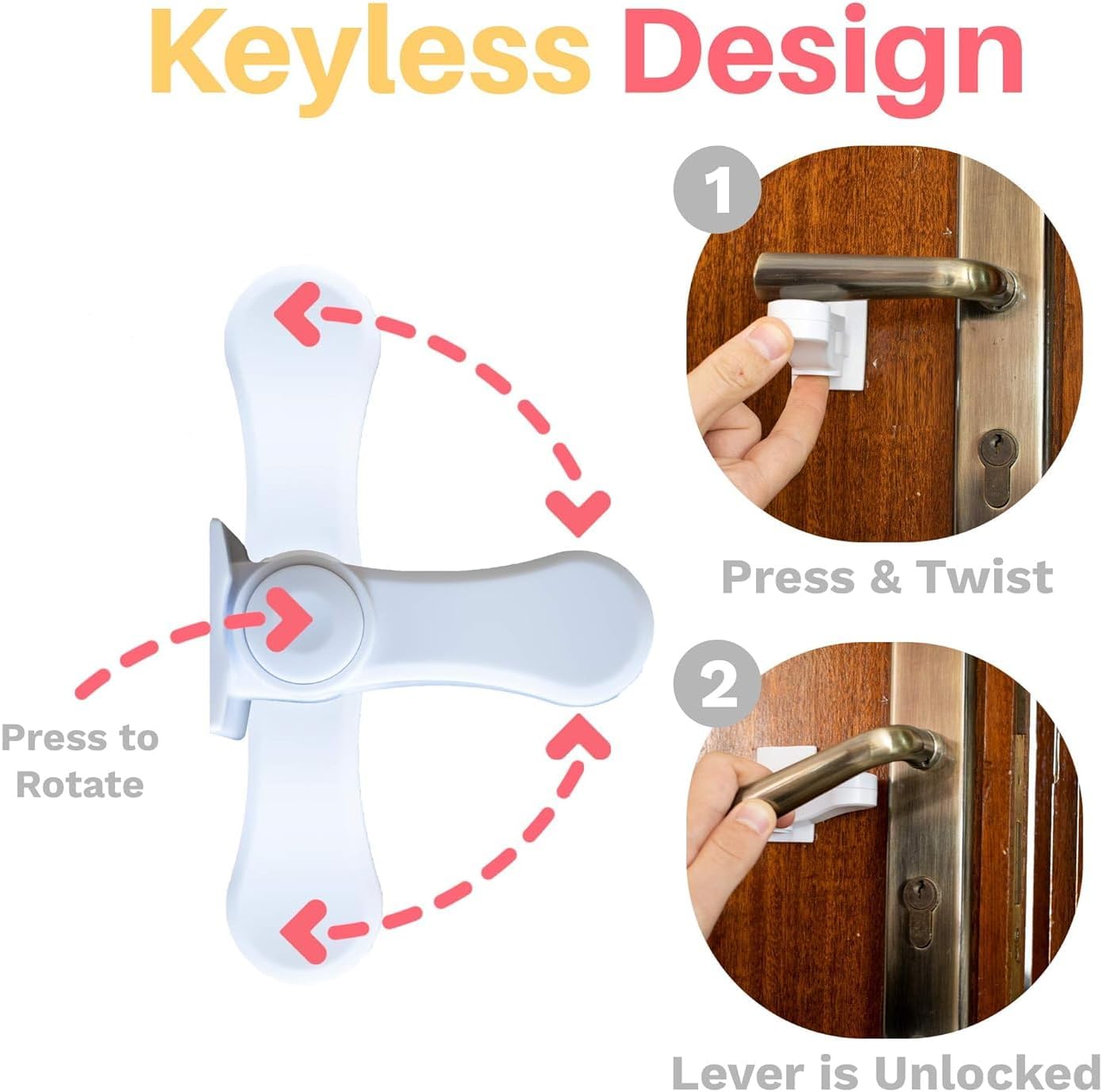 Inaya Child Proof Door Lever Lock, Baby Proofing Door Handle Lock, Minimalist Design, 3M Adhesive & No DrillingNeed, Child Safety Door Handle Locks (2 Pack)