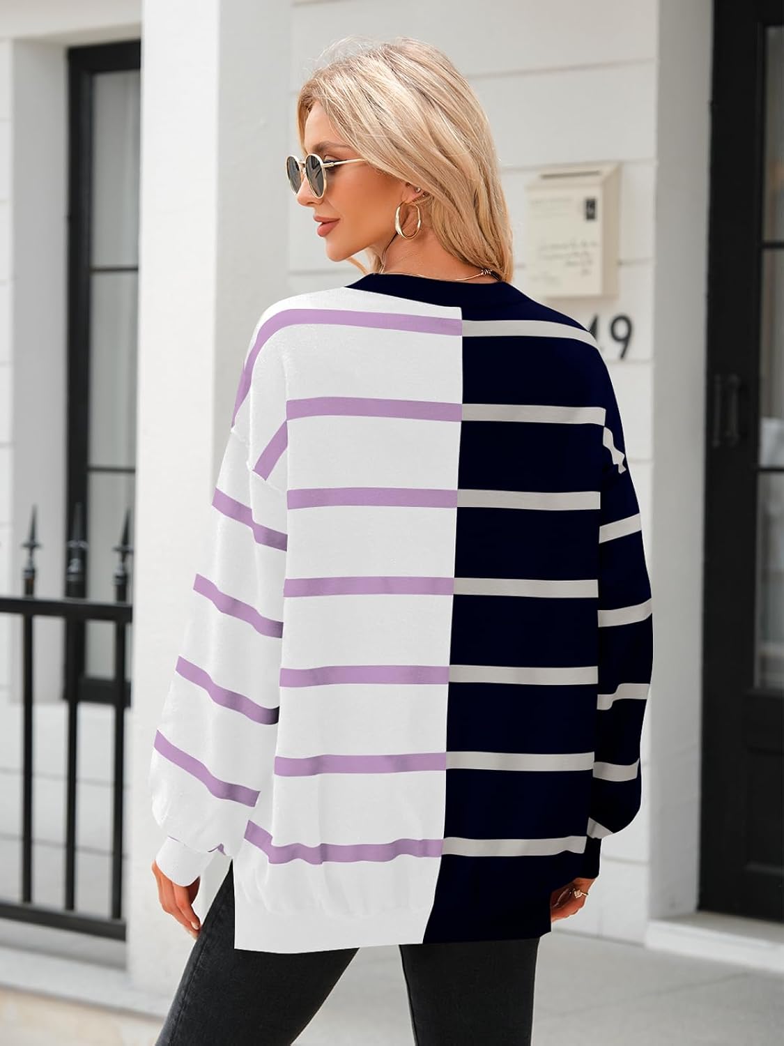 Fisoew Womens Striped Pullover Sweater Crew Neck Long Sleeve Loose Sweaters